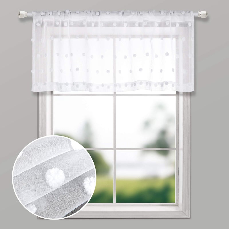 KOUFALL White Valances for Kitchen Rod Pocket Farmhouse Boho Country Decor Lace Pom Dot Design Pattern Textured Curtain Toppers Cute Sheer Valances for Windows Living Room Girls Bedroom Bathroom 18 Length - Image 2